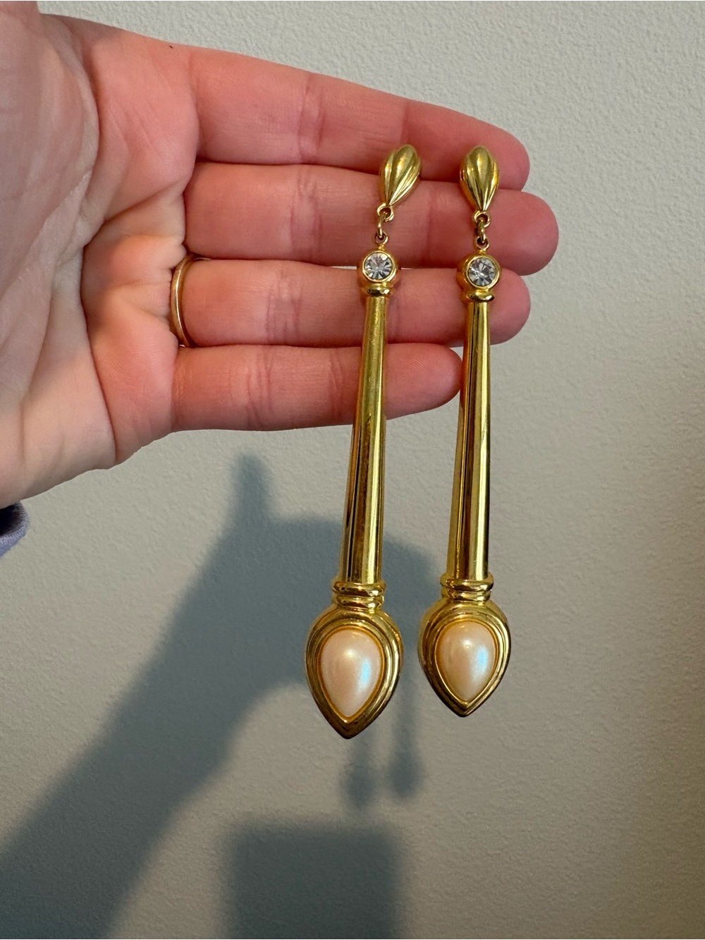 Gold pearl rhinestone stud drop earrings METROPOLITAN ART DECO AVANT GARDE